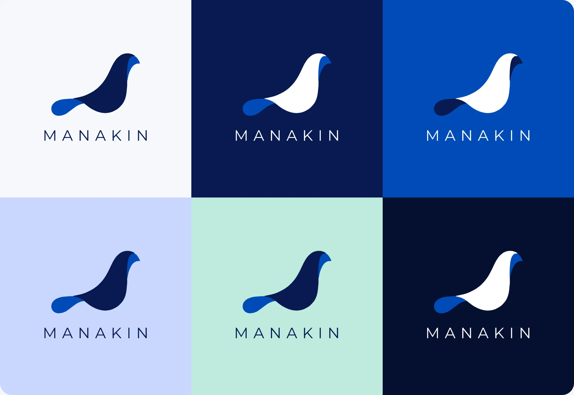 The Manakin logo on six brand colours: off-white, navy, blue, periwinkle, mint and deep navy