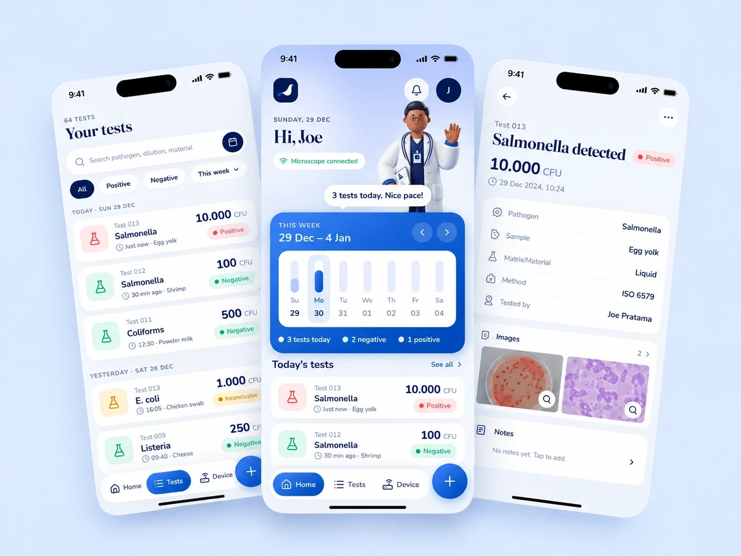 Three Manakin screens on phones: your tests, the home screen with this week's tests, and a Salmonella result