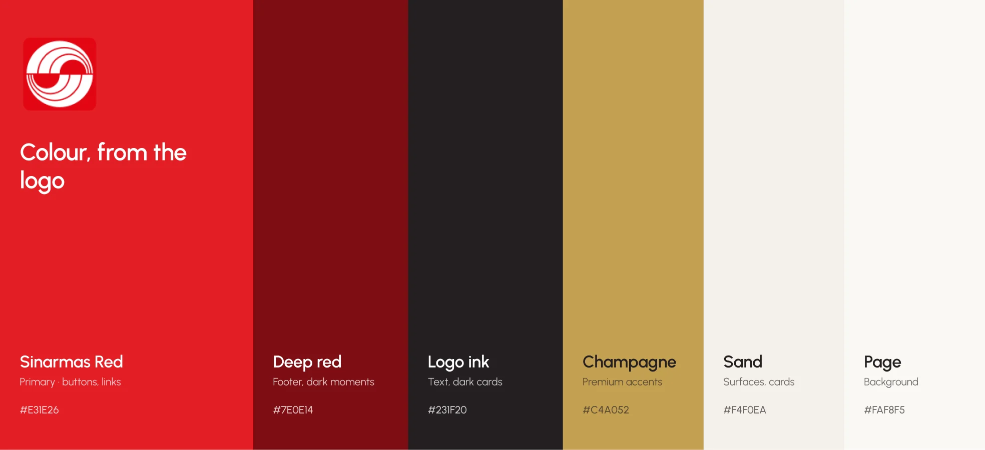 Sinarmas Land colours: Sinarmas red, deep red, logo ink, champagne, sand and page white