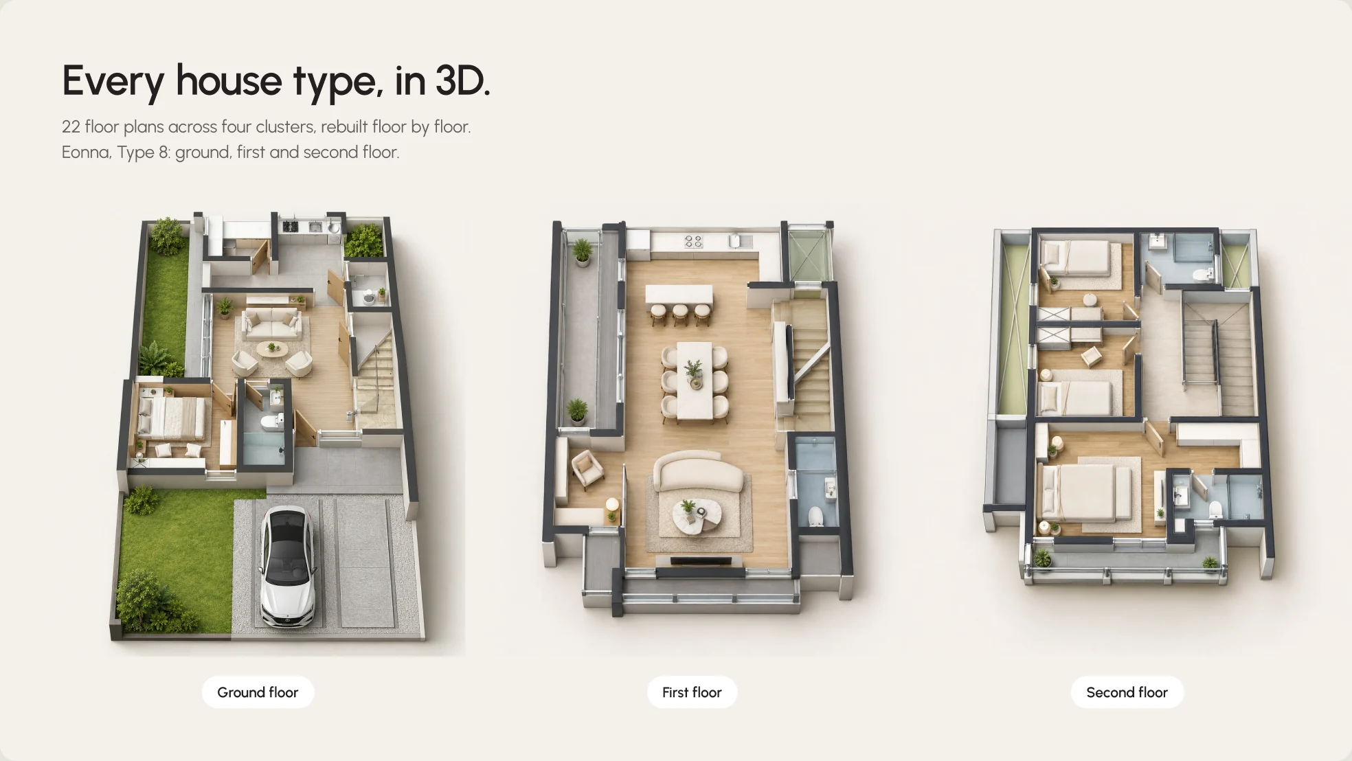 Every house type in 3D: ground, first and second floor plans