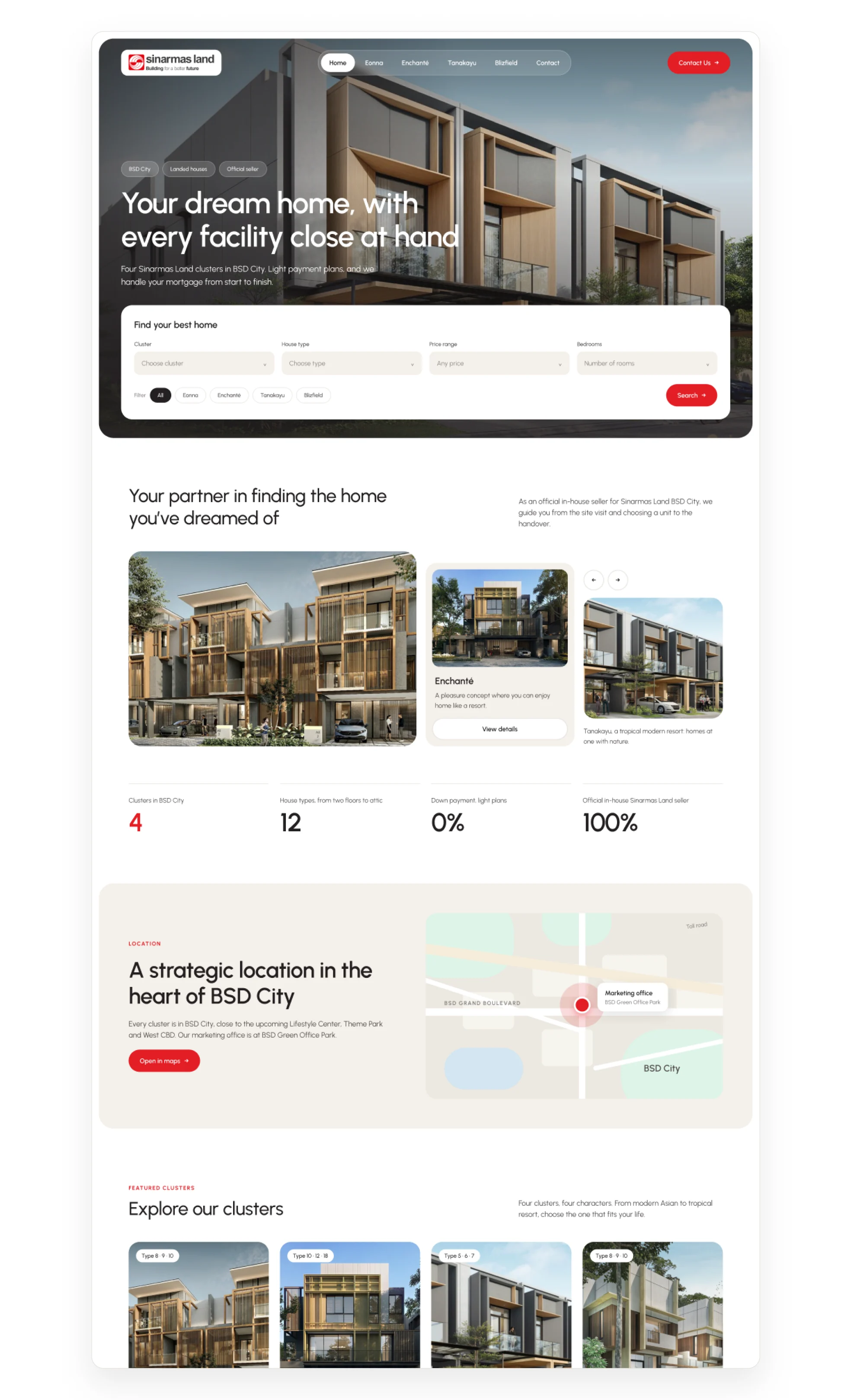 The home page: a search card in the hero, the clusters, a map of BSD City and the cluster list