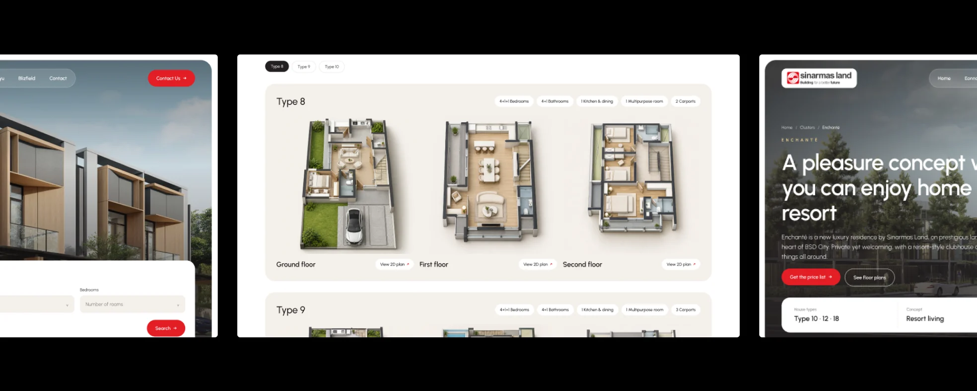 Three screens side by side: the home hero, the Type 8 floor plans in 3D and the Enchanté cluster page